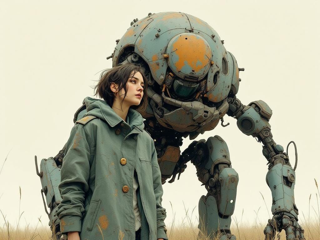 Melancholic Robot and Woman in Retro-Futuristic Landscape