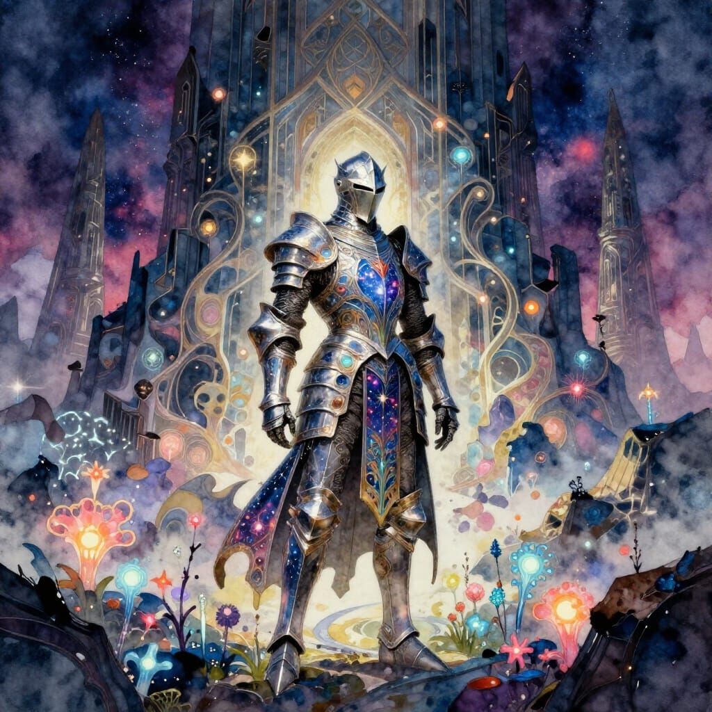 Knight Before Cosmic Ruins in Art Nouveau Armor