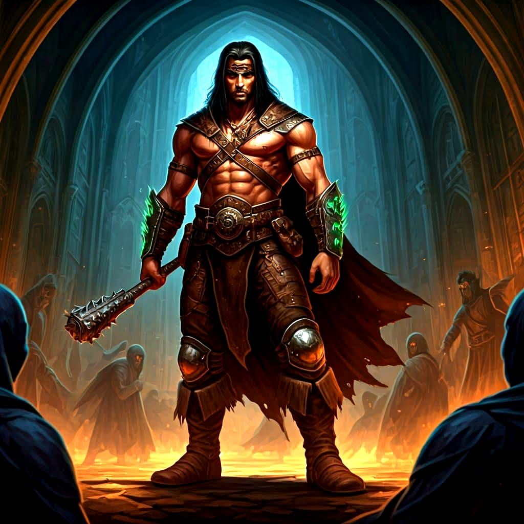 Muscular Dungeons and Dragons Warrior in Dark Leather Armor,...