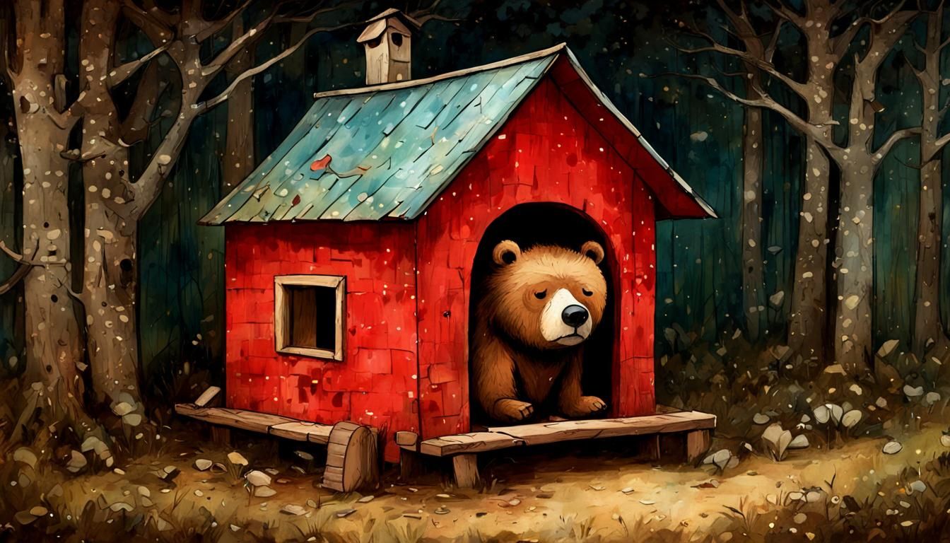 Whimsical Red Bear Frowns in Cozy Dog House
