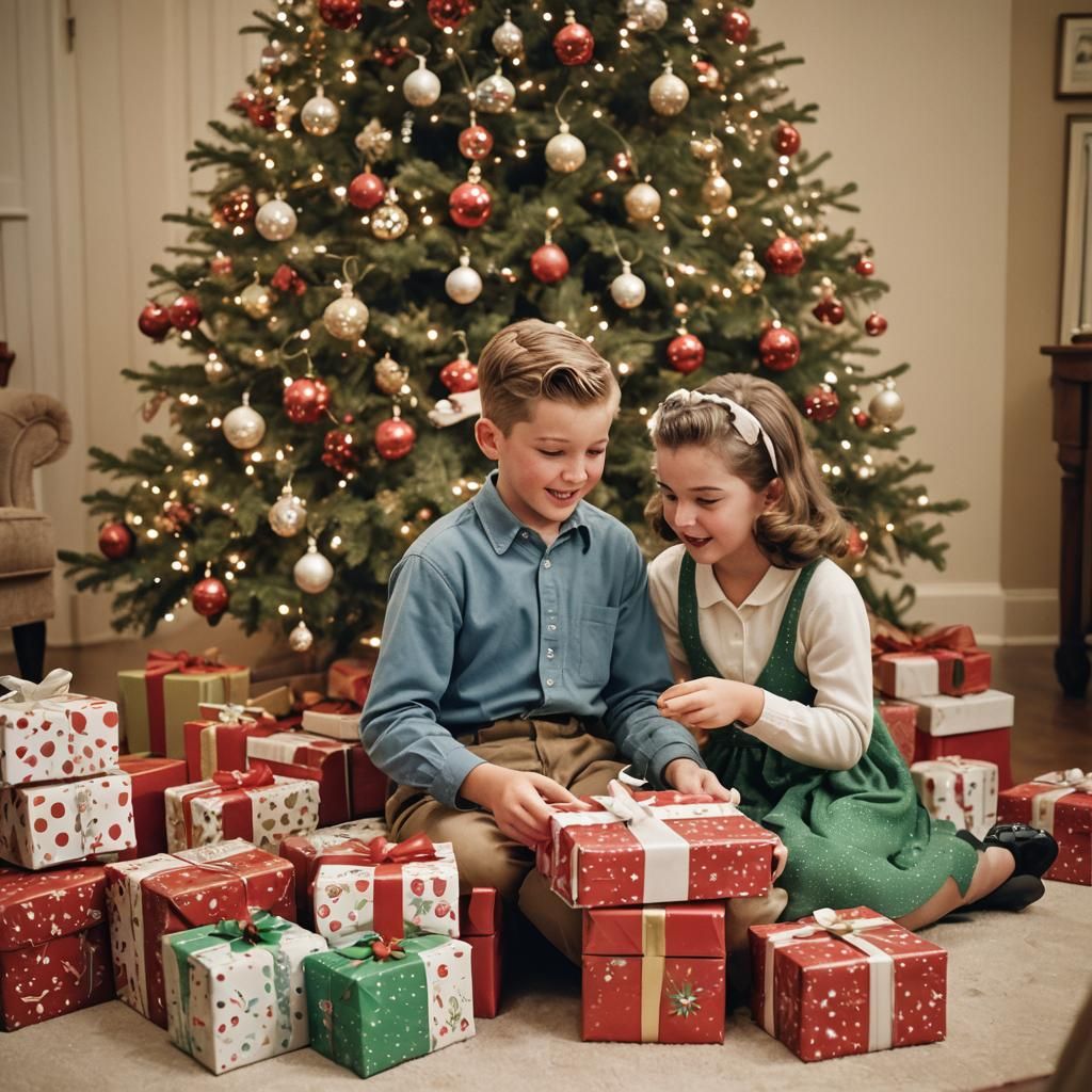 1950s Christmas Morning: Children Opening Presents