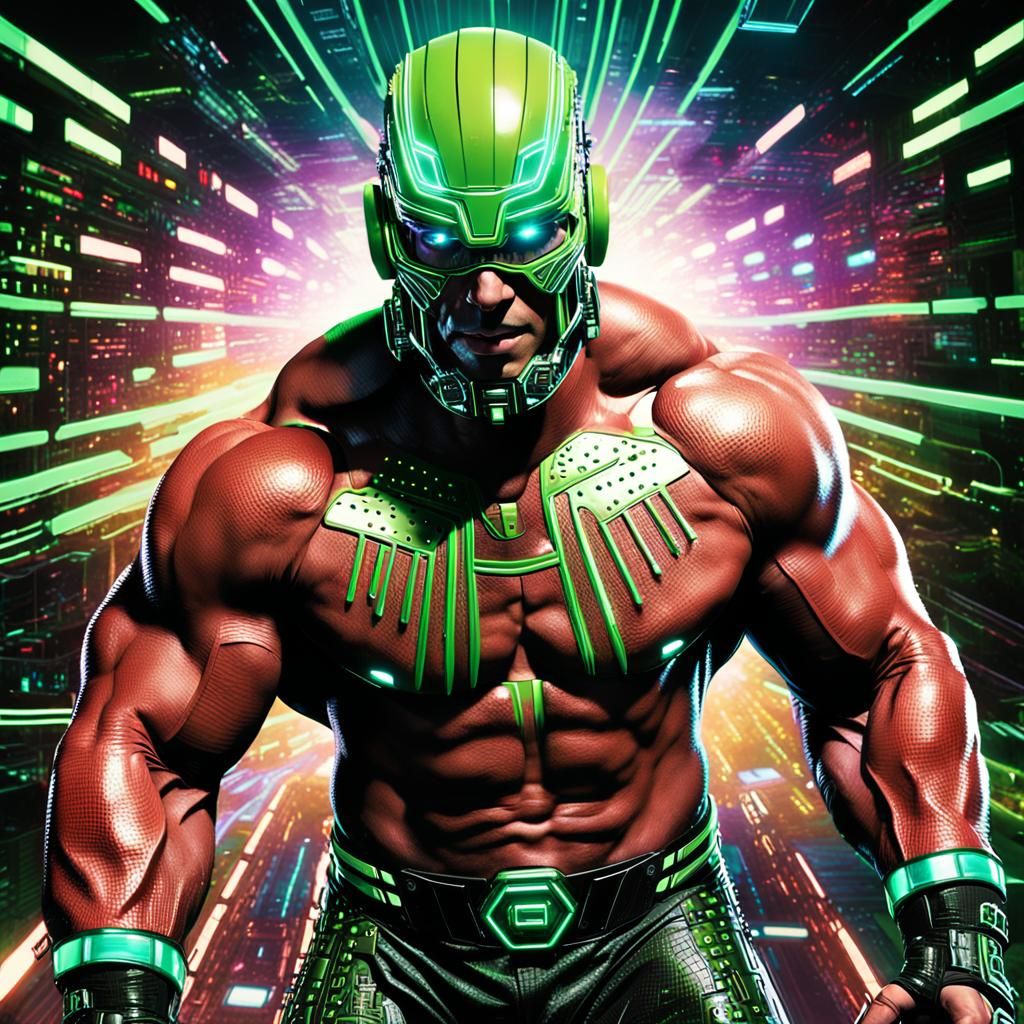 Heroic Chrome Cyborg in Neon Digital World