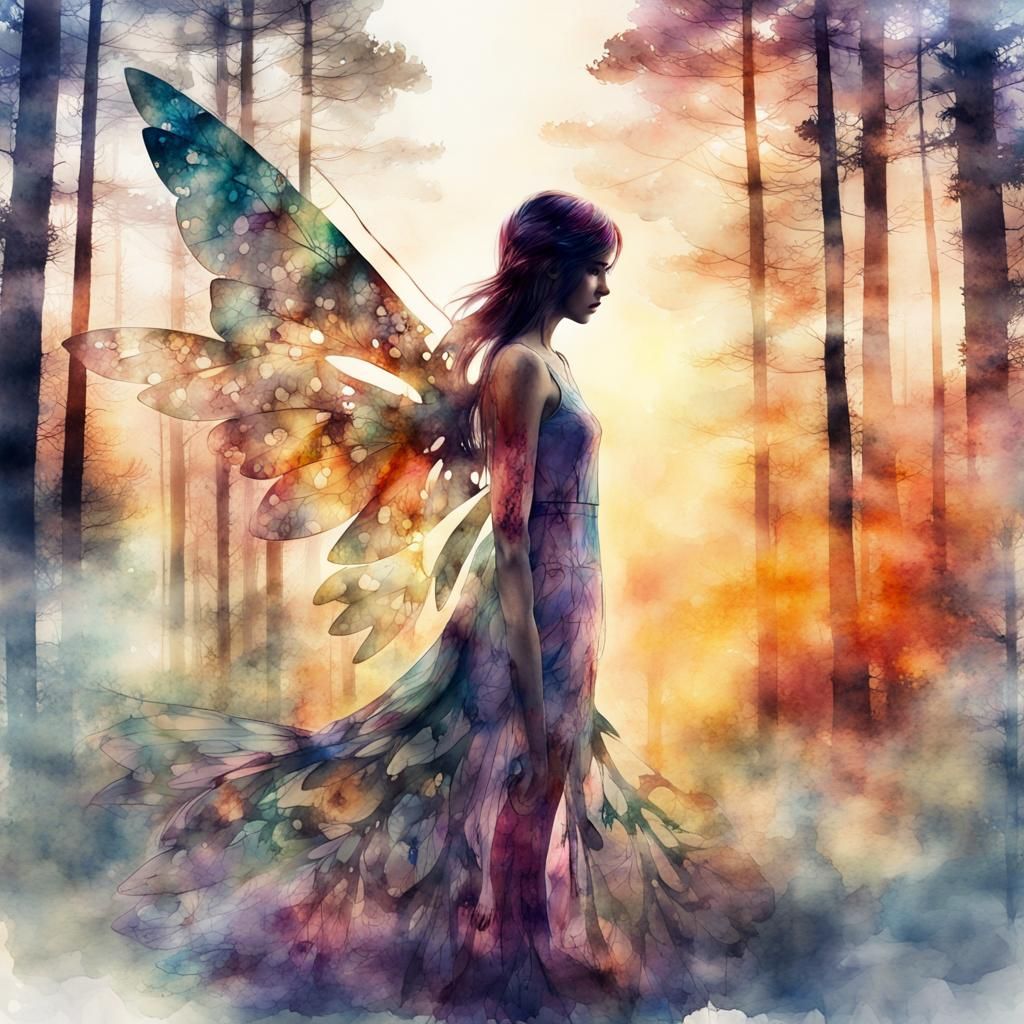 Fantasy Fairy Double Exposure Watercolor Art