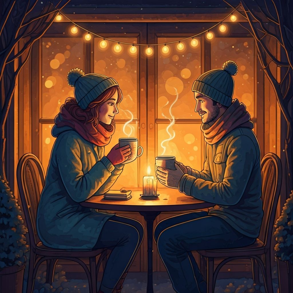 Cozy Couple at Outdoor Cafe in Whimsical Watercolor Style