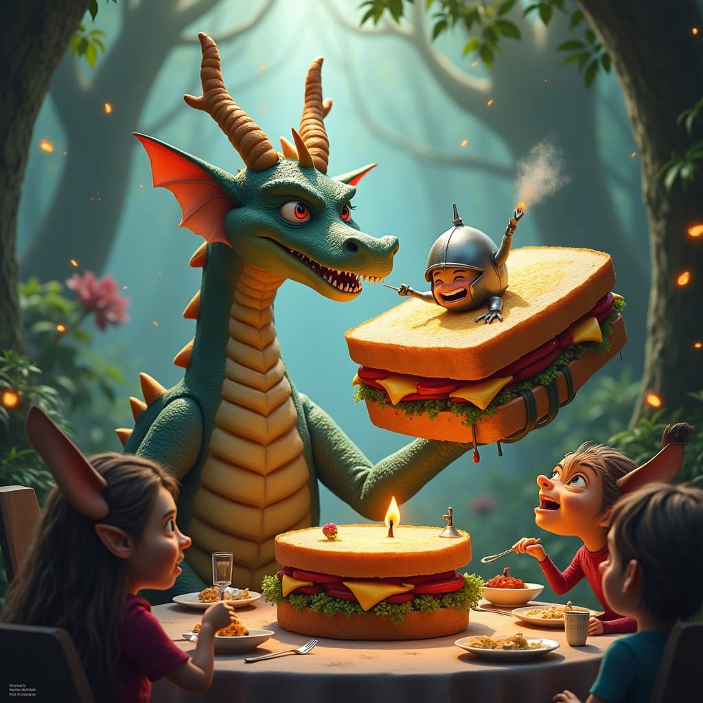 Dragon's Whimsical Sandwich: Knight's Humorous Escape in Fan...