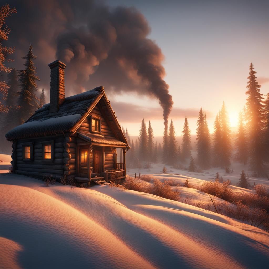 Snowy Sunrise Over Cabin as Fantasy Concept Art