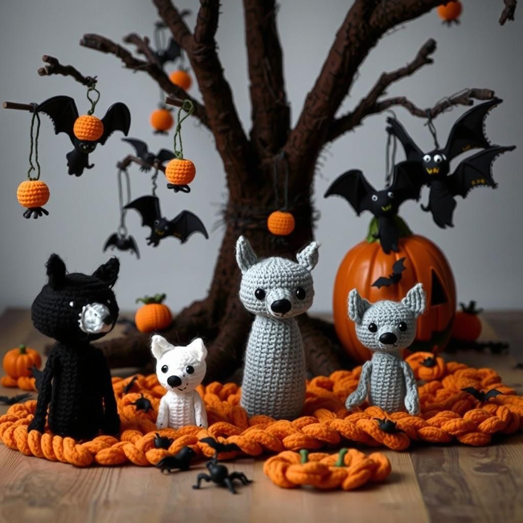 Spooky Crocheted Forest with Bats and Wolves