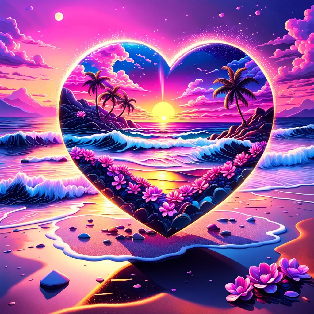Synthwave Sunset Beach Inside a Love Heart