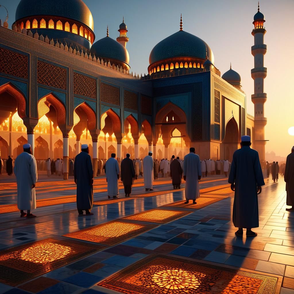 Bustling Mosque at Sunset: Vibrant Concept Art