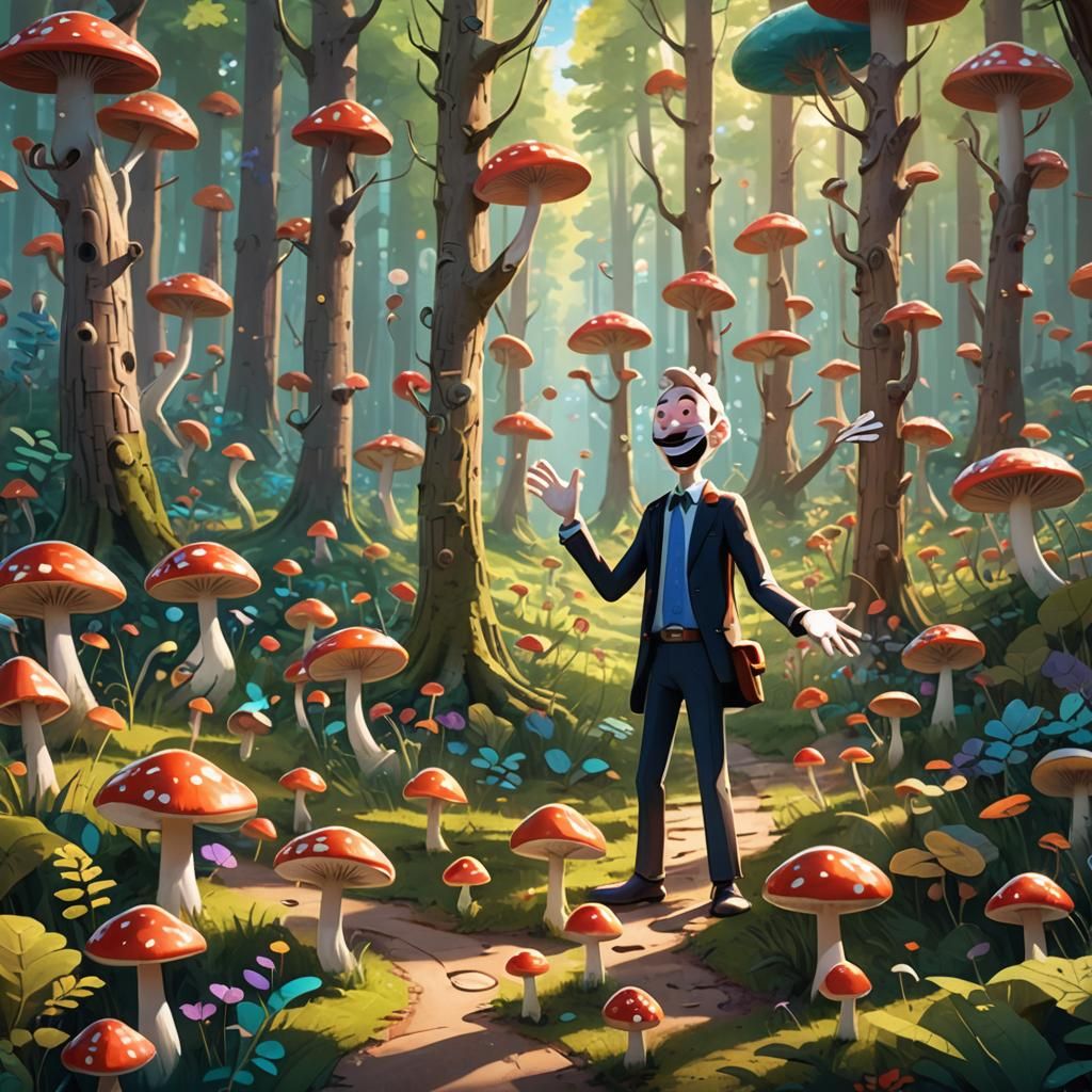 Smiling Stick Figure Conductor Leads Mushroom Choir