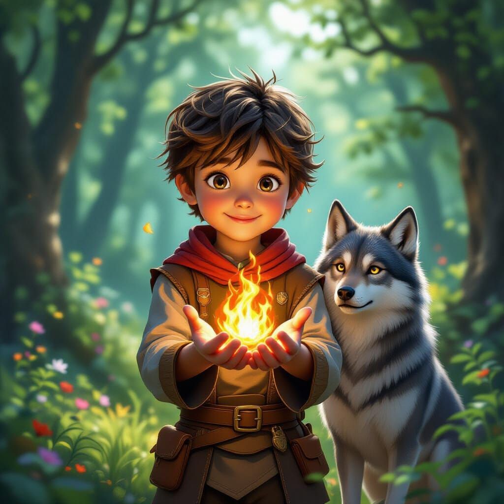 Boy and Wolf with Fire Sprite in Magical Forest Glade