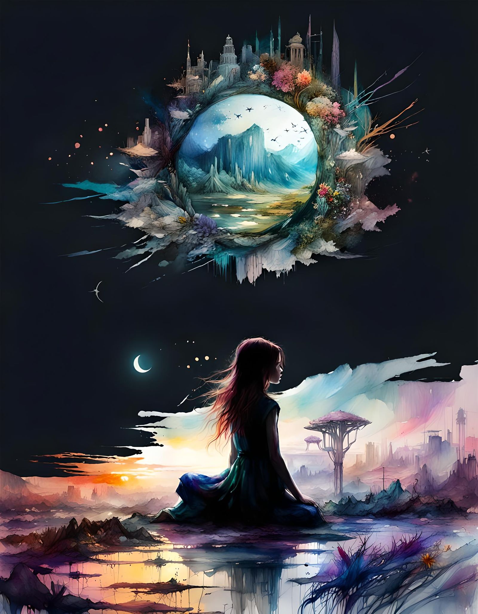 Fantasy Sunset Landscape in Watercolor Art Style