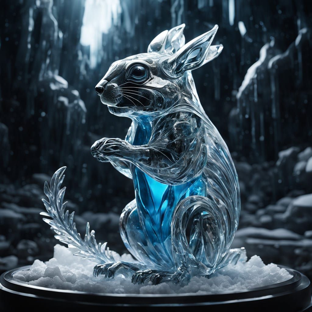 Ethereal Squirrel Glass Sculpture Amidst Antarctic Ice Field