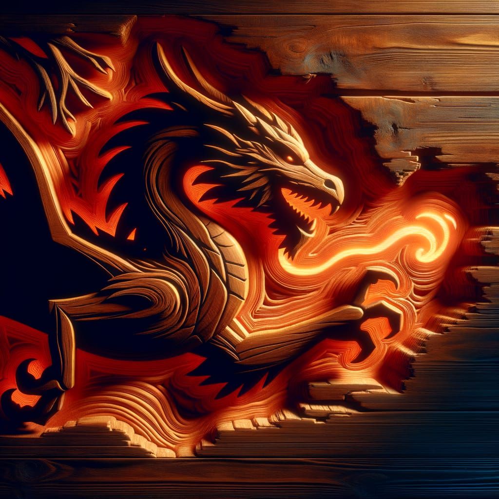 Vibrant Dragon Emerges from Mahogany Wood