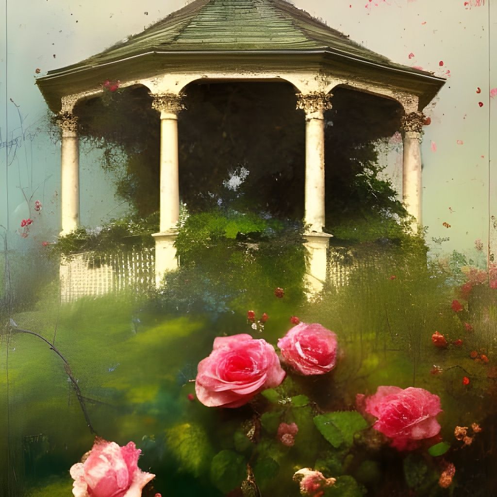 Gazebo with Roses: Matte Painting in Oil