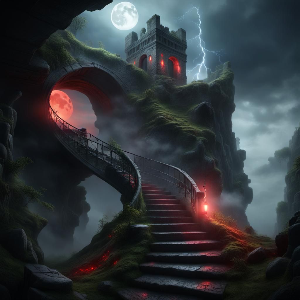 Mystic Staircase to Moonlit Castle Ruins