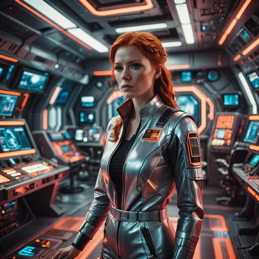 Sci-Fi Woman in Neon Outfit on Spaceship