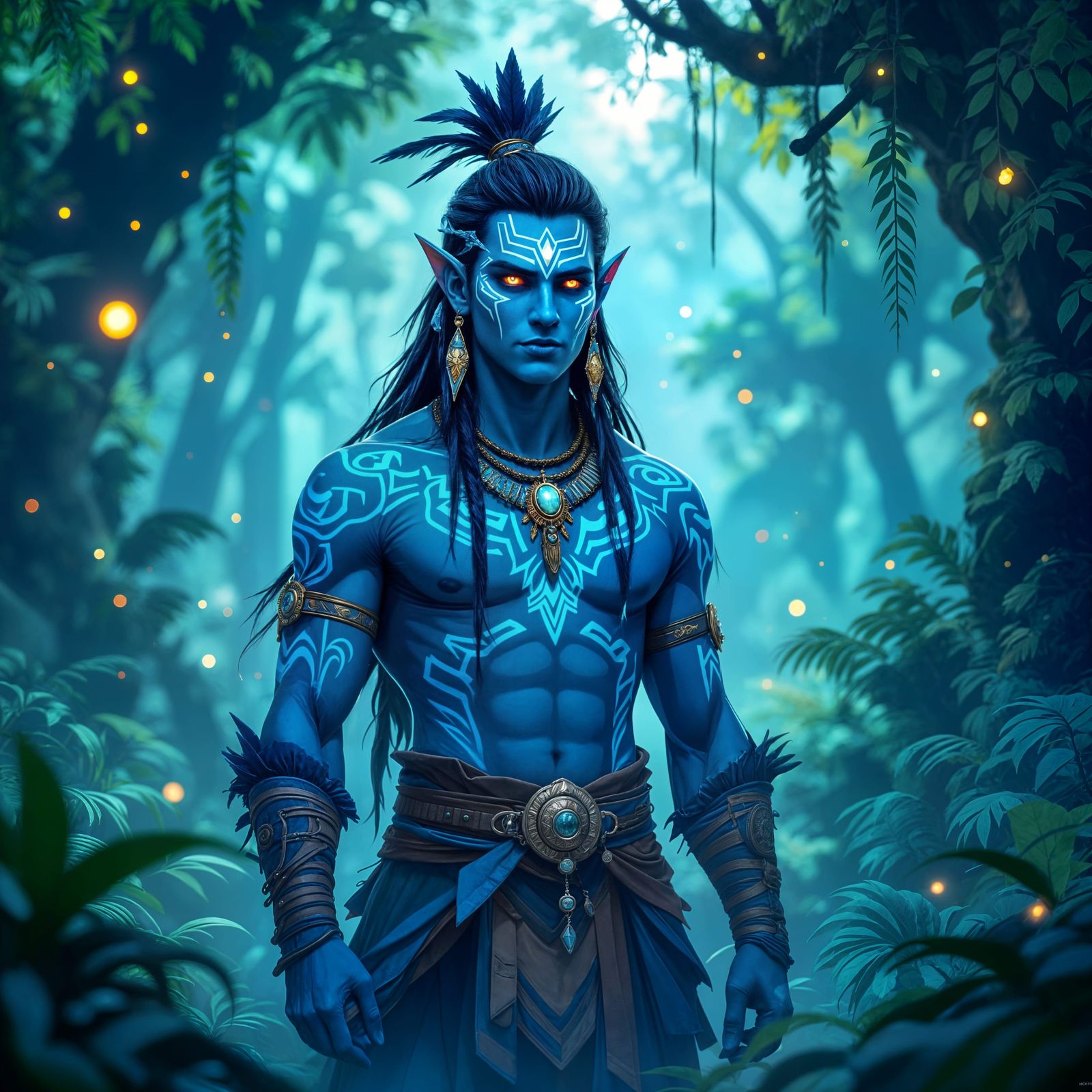 Mystical Blue Avatar in Lush Forest, Digital Art