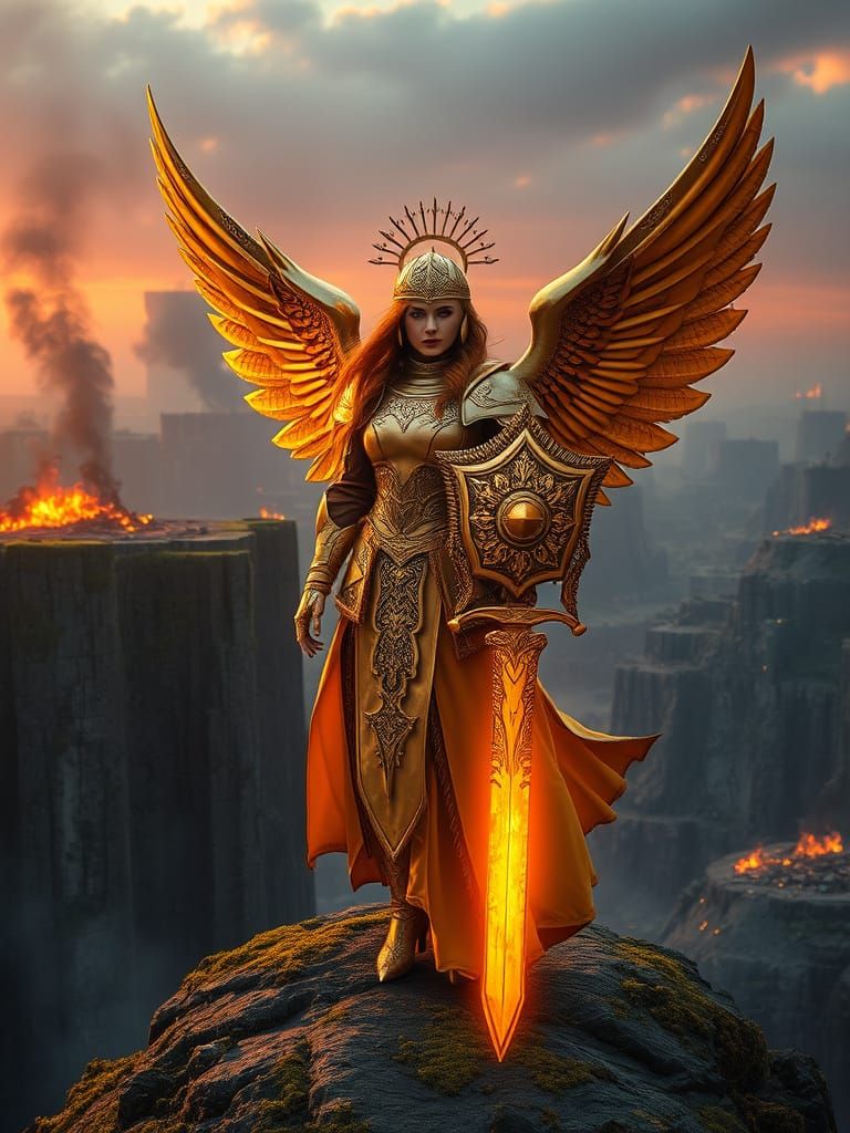 Golden Angel Knight Stands Resolute Amidst Desolate Battlefi...