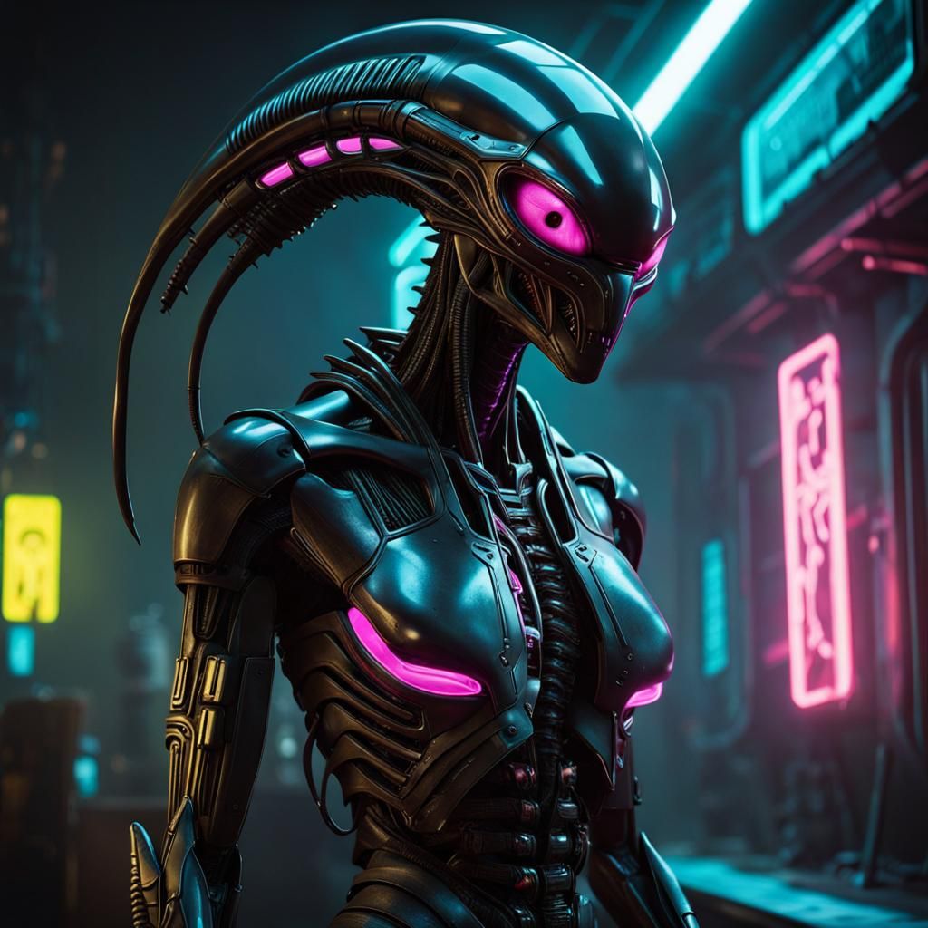 Xenomorph Alien in Cyberpunk Neon Style