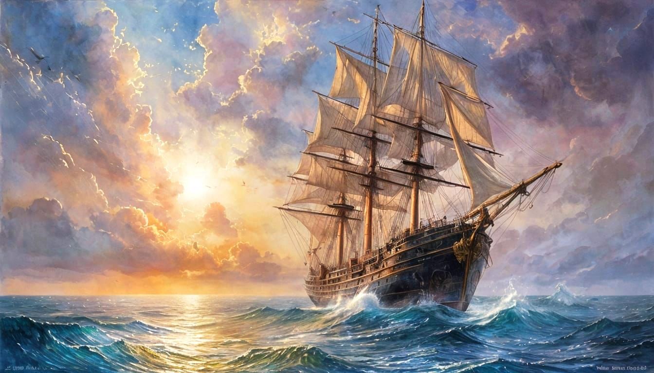 Spanish Galleon Under Celestial Sky: Digital Watercolor