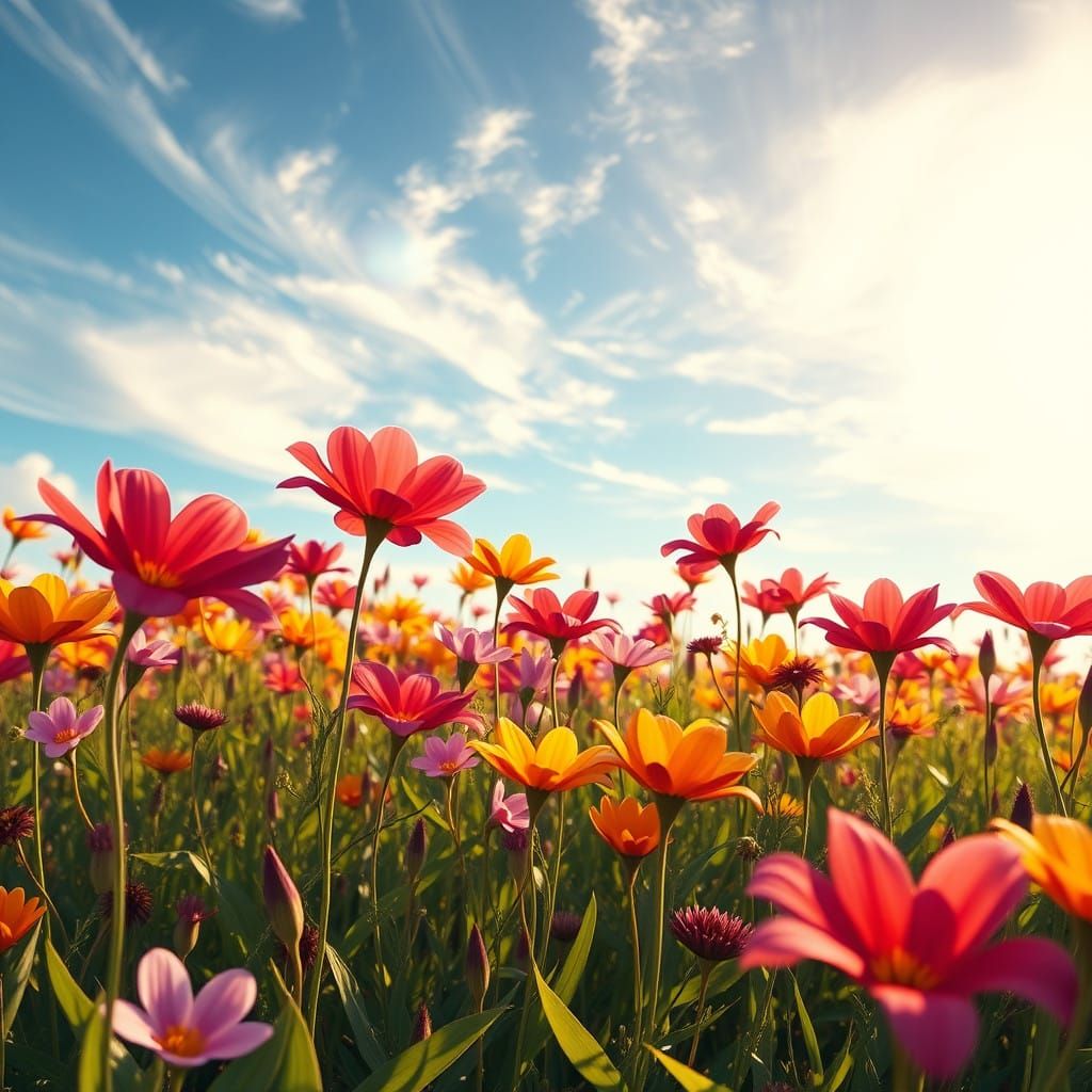 Surreal Landscape of Vibrant Flowers and Clouds in 8k Resolu...