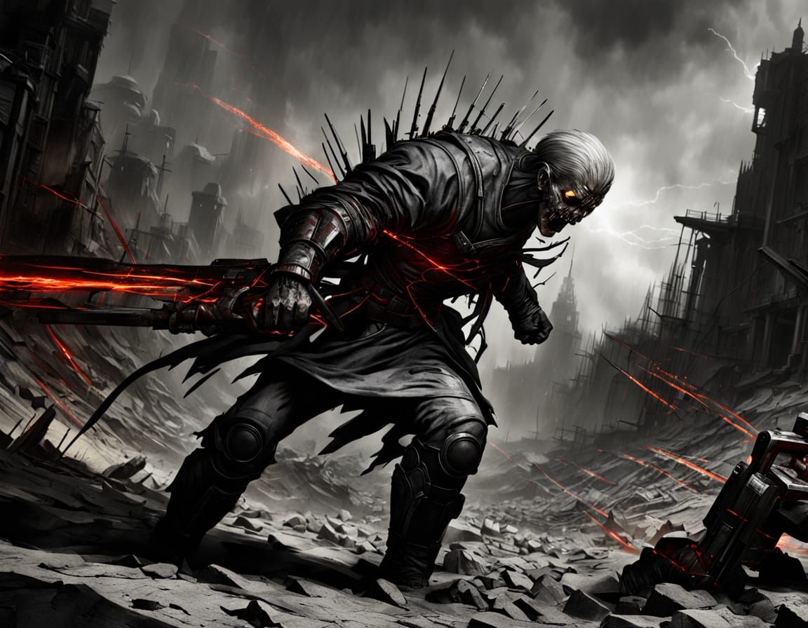 Eren Yeager in Dark Fantasy Post-Apocalyptic Landscape