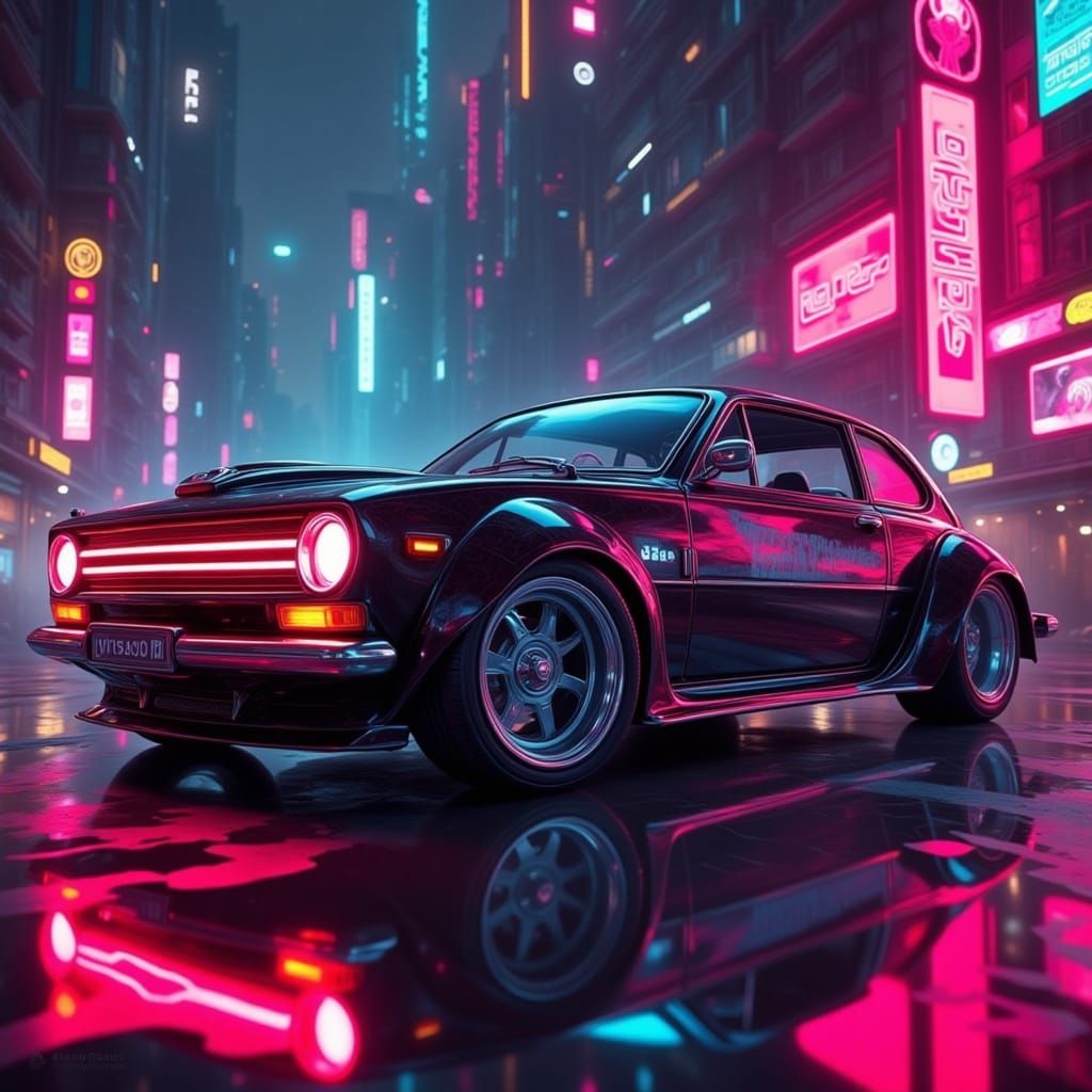 Cyberpunk Luxury VW Bug Turbo in a Neon Paradise