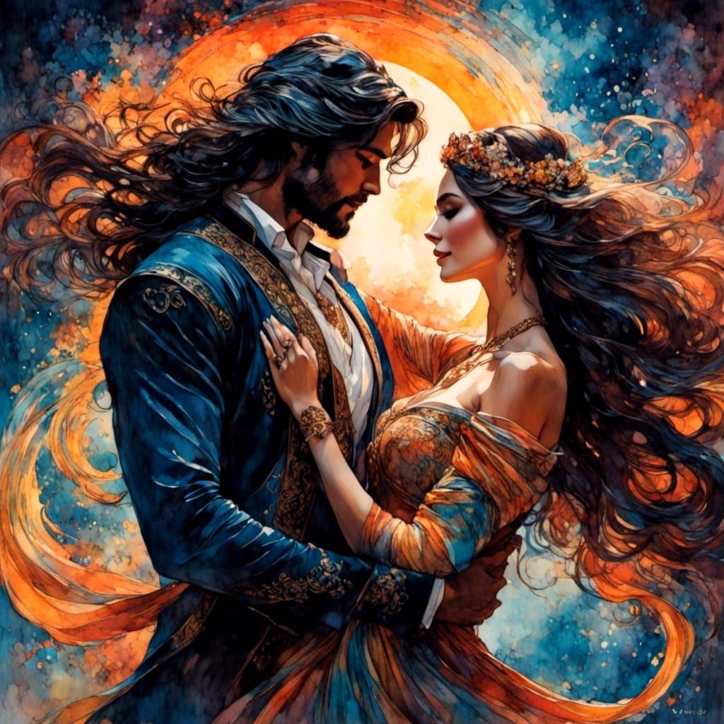 Colorful Silhouette of Embracing Couple