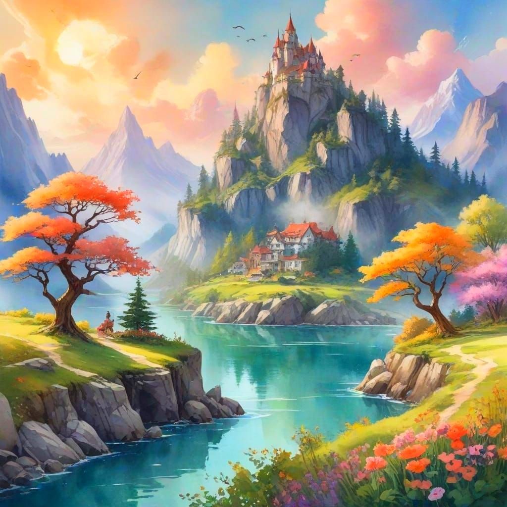 Digital Watercolor Fantasy Scene with Swirling Pigments and ...