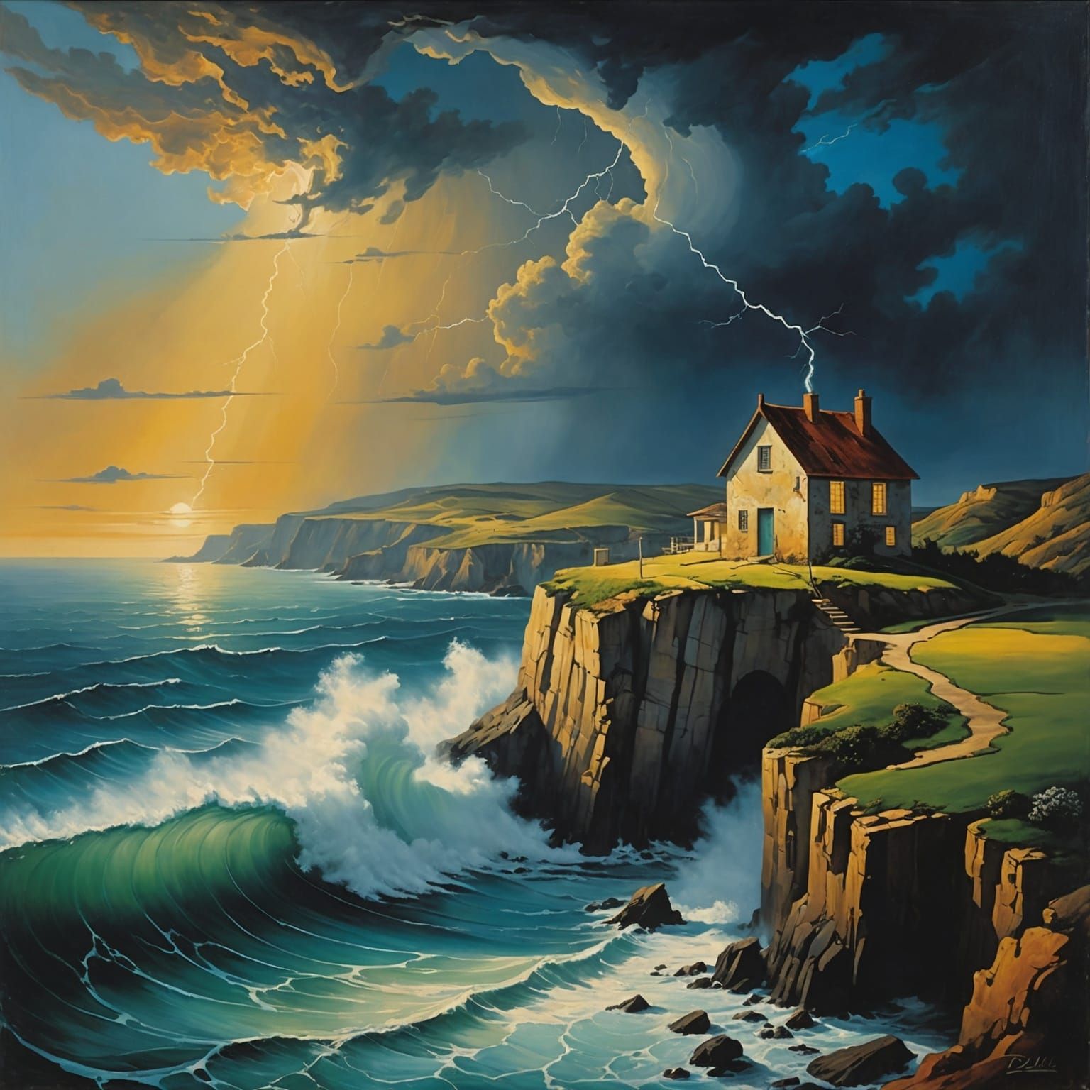 Cottage Lit by Lightning in Surreal Style