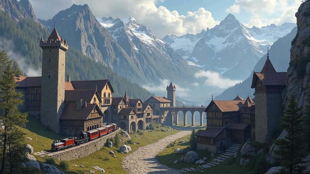 Fortified Medieval Trading Post with Steampunk Train