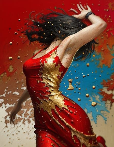 Impressionist Falling Figure in Red Dress