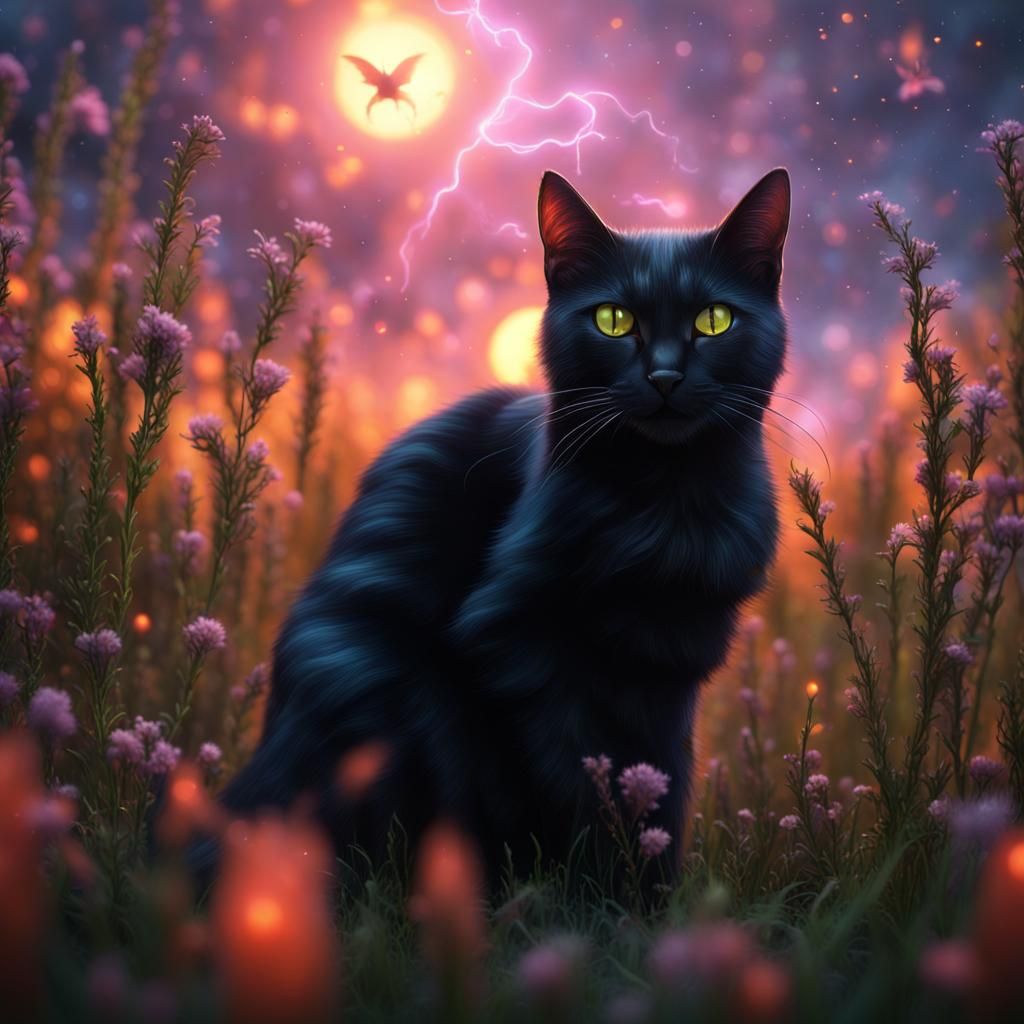 Black Cat in Firefly Field: Fantasy Concept Art