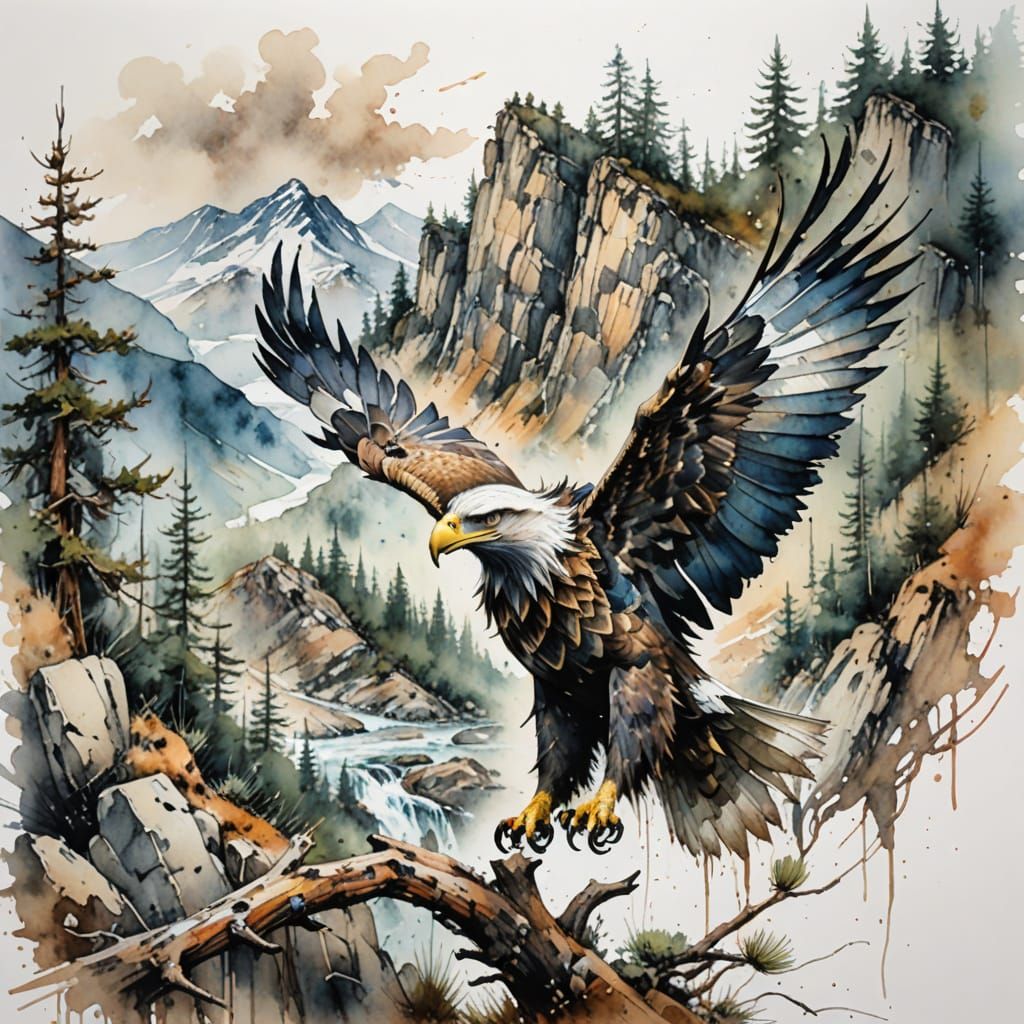 Majestic Eagle Soars Above a Serene Mountain Stream in Water...