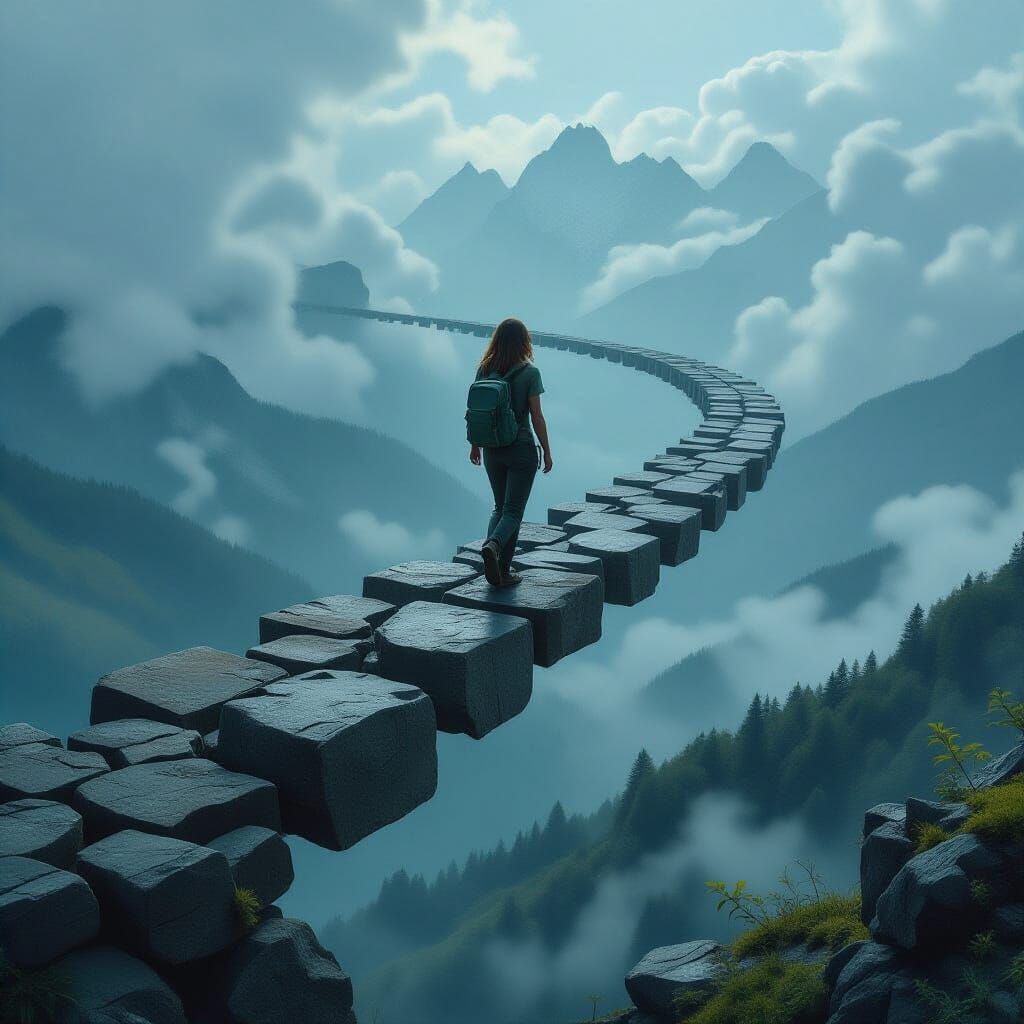 Floating Stone Path with Woman in Grayscale Sky