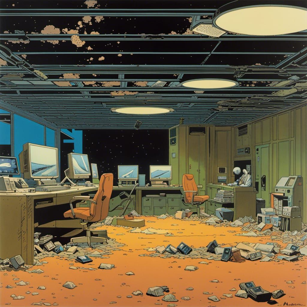 Trashed Sci-Fi Bunker Interior in Moebius Style