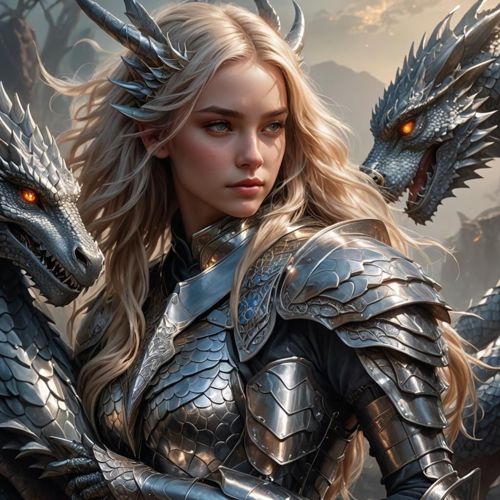 Girl in Silver Armor with Dragon: Fantasy Art
