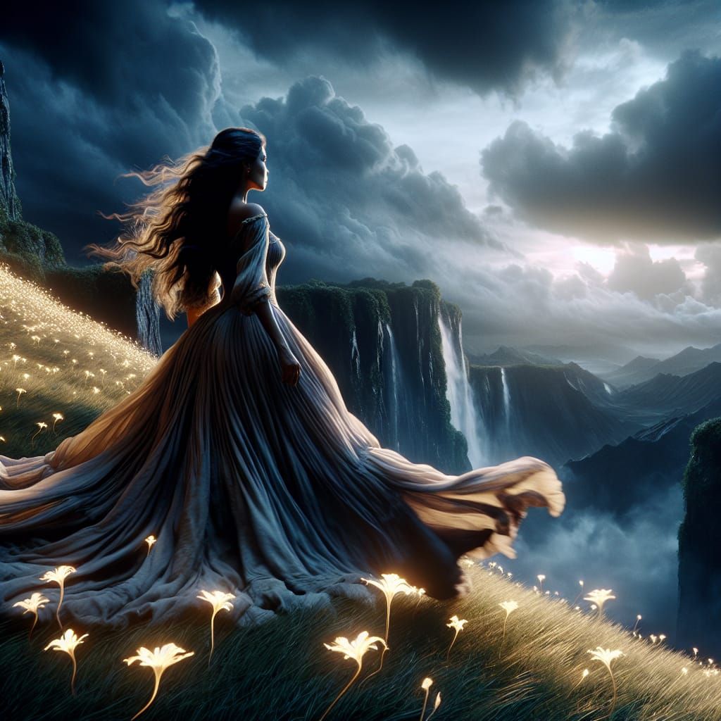 Woman on Cliff Edge in Film Noir Style