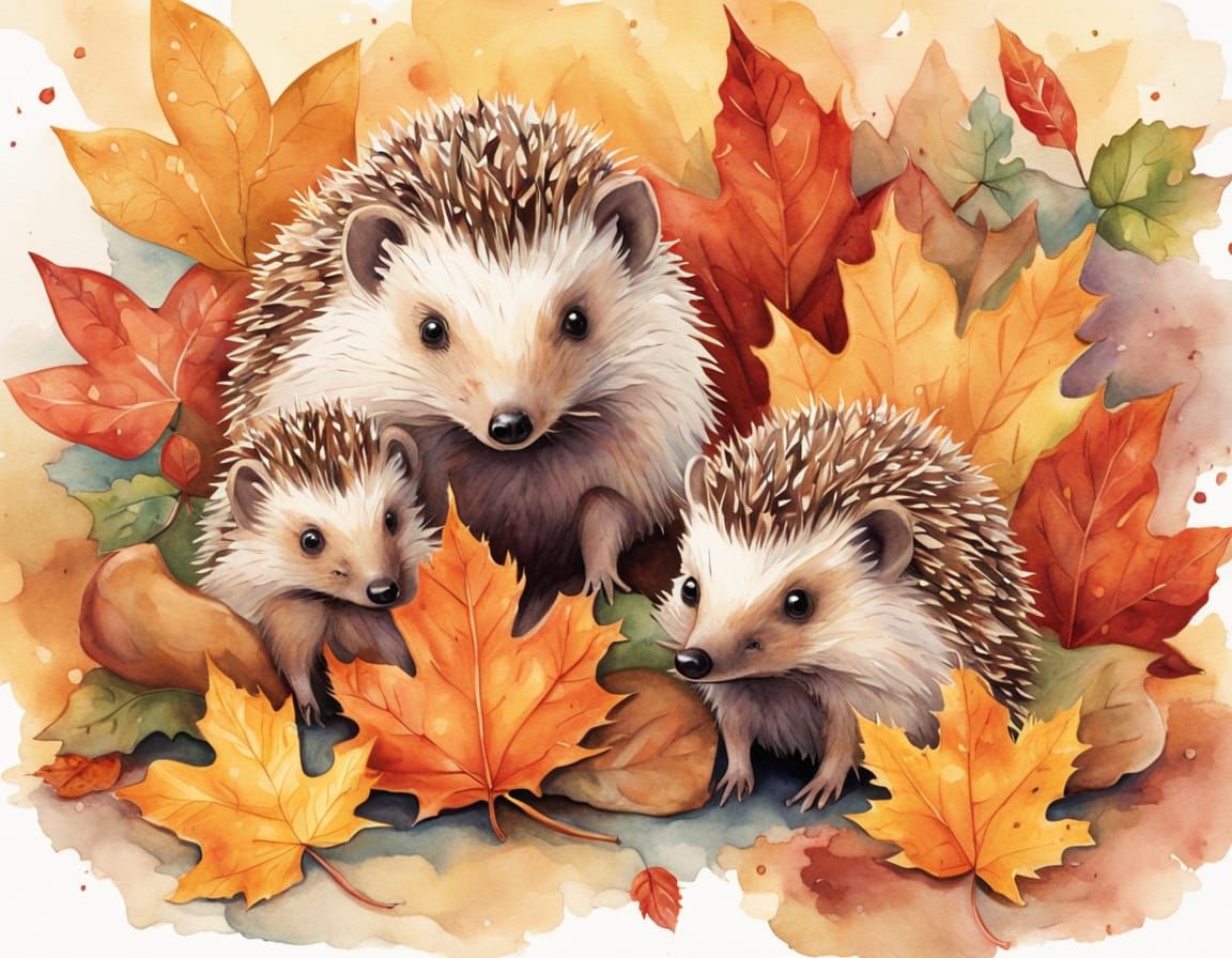 Hedgehog Family Tumbles in Autumn Leaves Watercolor Illustra...