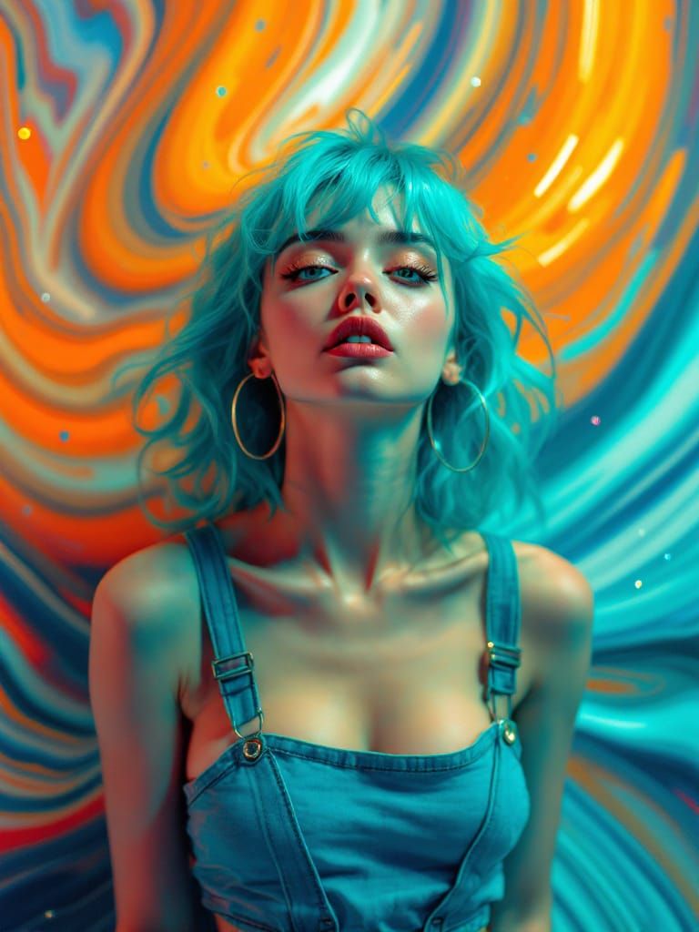 Expressionist Portrait of Woman with Mint Blue Hair