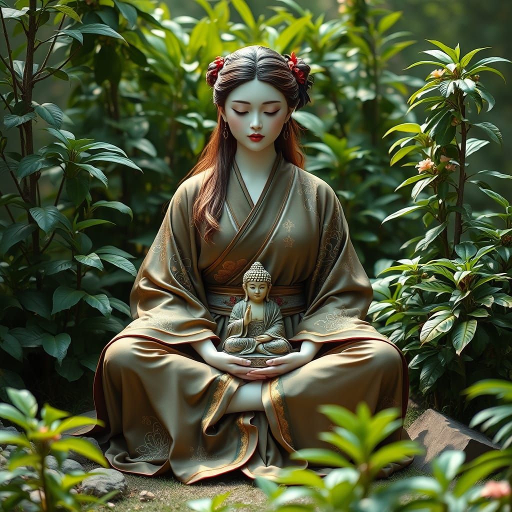 Eastern Goddess Meditates Amidst Enchanted Forest
