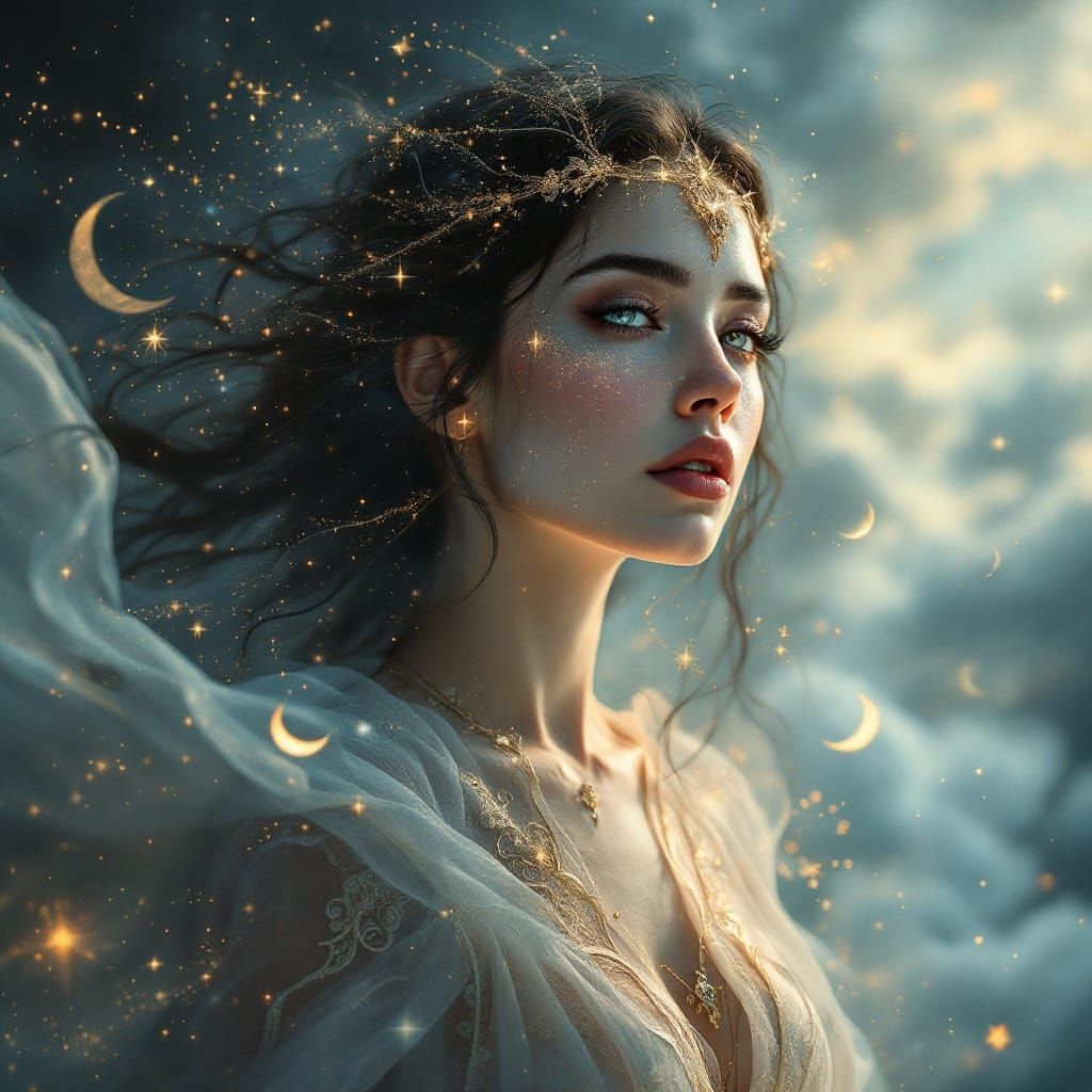 Ethereal Dream Weaver in Shimmering Stardust and Crescent Mo...