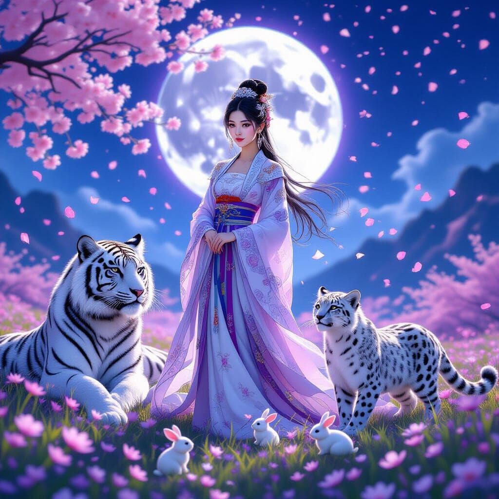 Ethereal Hanfu Woman with Tiger and Leopards