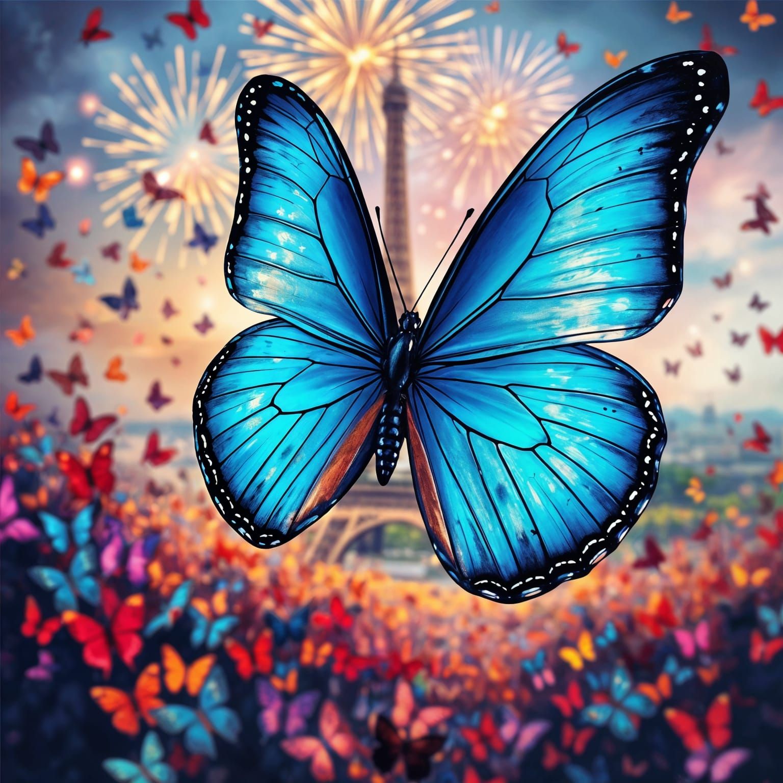 Vibrant Blue Butterfly Amidst a Whirling Dance of Colored Wi...