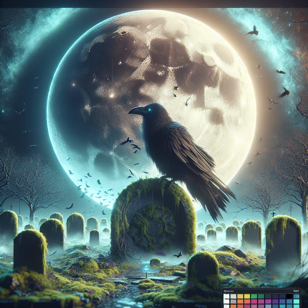 Large black crow perched on a mossy tombstone with a large full moon behind