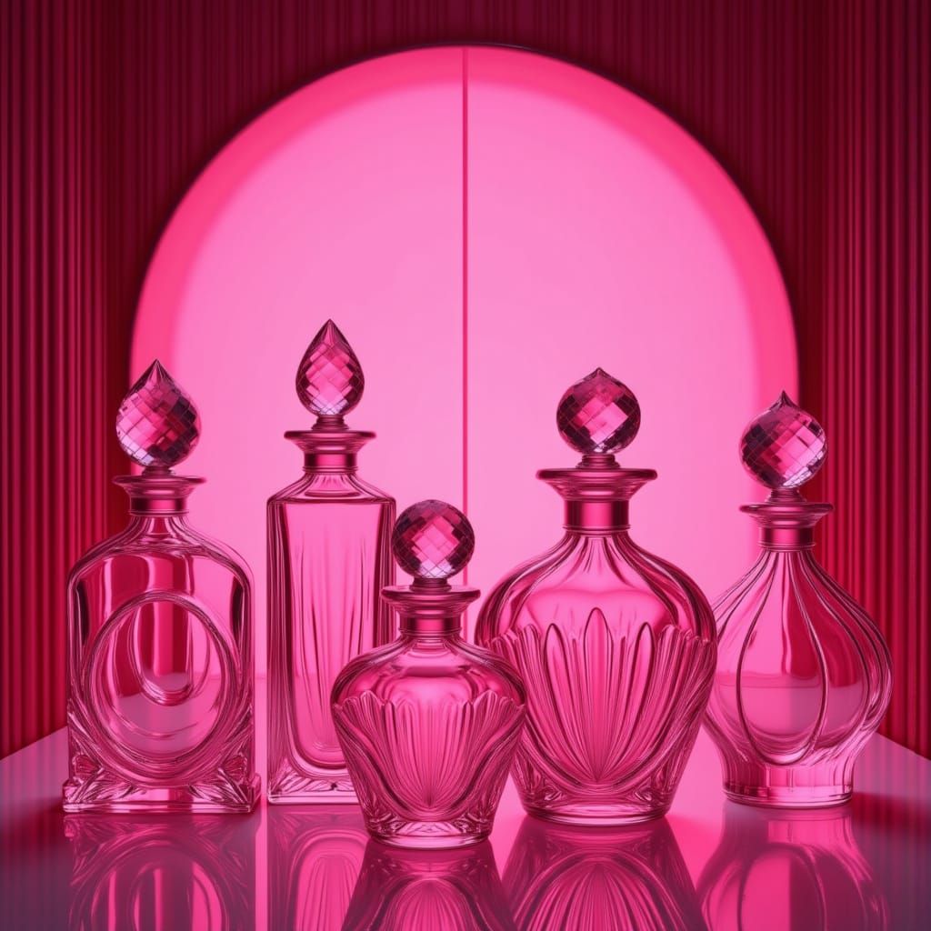 Pink Crystal Perfume Bottles in Art Deco Style