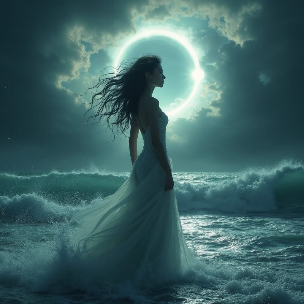 Exotic Siren Silhouette Against Turbulent Ocean Swell