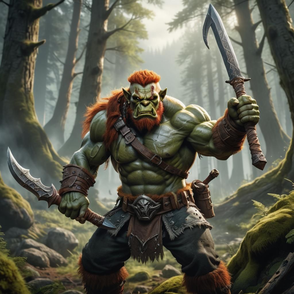 Hyperrealistic Ginger Orc Warrior in Forest Scenery
