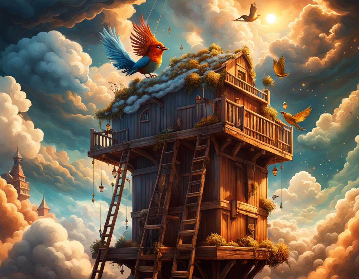 Chibi Bird Man in Surreal Landscape, Detailed Matte Painting